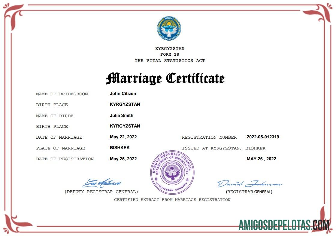 Em branco modelo Word e PDF de certidão de casamento no Quirguistão